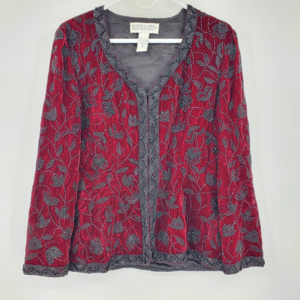 Niteline Della Roufogali Red Velvet Beaded Floral Evening Jacket S Whimsigoth‎
